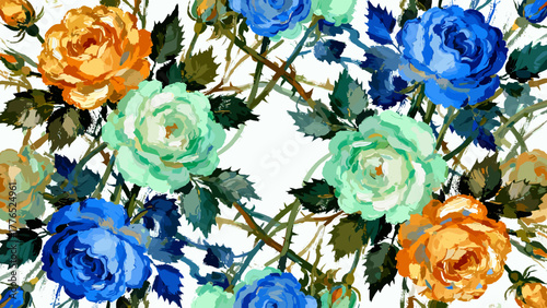 A beautiful, hand-painted seamless floral pattern in the 2025-2026 maximalist trend. Amber Haze, Jelly Mint, and Blue Aura. Perfect for home decor, fabric, textile prints, and vibrant wallpaper.