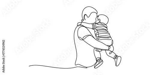 Simple continuous line drawing of a Father hugging his child