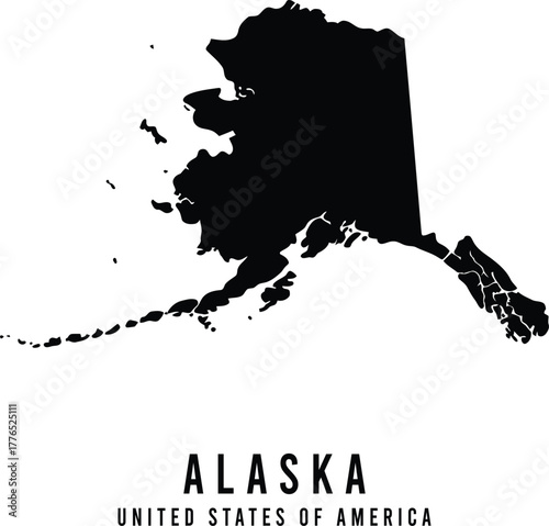 Alaska Map Silhouette, Black State Outline with Aleutian Islands, USA