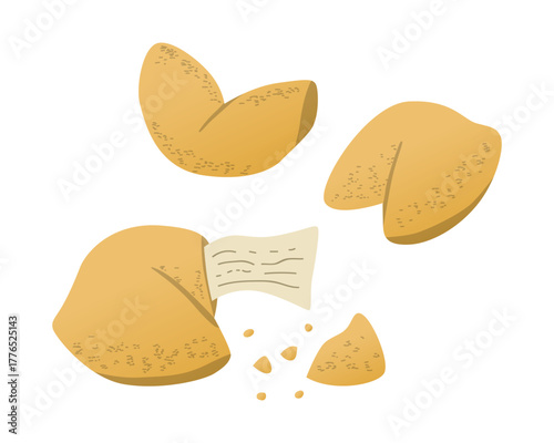 Fortune cookies breaking with a visible slip of paper inside featuring a handwritten message. The image is a digital vector illustration, capturing the essence of surprise and fortune.
