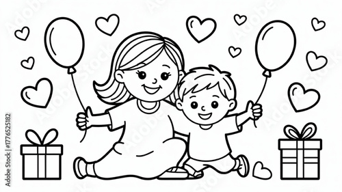 Cute cartoon mother and son with balloons and gifts simple line art illustration for coloring book isolated on white background