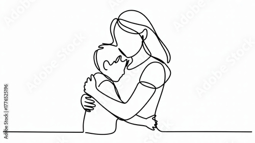 Continuous line drawing of a mother hugging her child simple vector illustration of family love and care isolated on white background