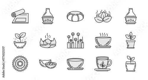 aromatherapy and wellness icons showcasing essential oils candles and plants for relaxation and holistic health perfect for spa promotions