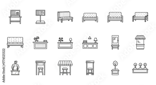 furniture store elements sofas counters shopfronts  plants in outline drawing style perfect for interior design projects and home decor illustration