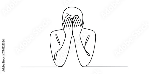 Continuous line drawing of a person covering face