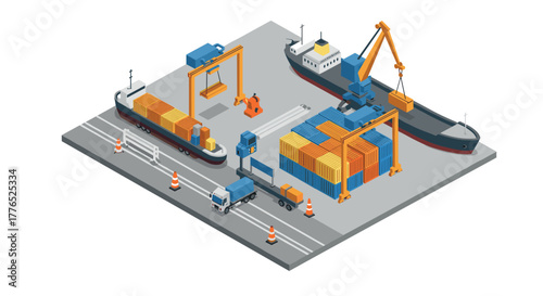 Isometric port scene with cargo ships, cranes, and containers
