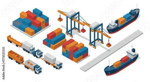 Isometric cargo port with trucks, cranes, and ships in motion