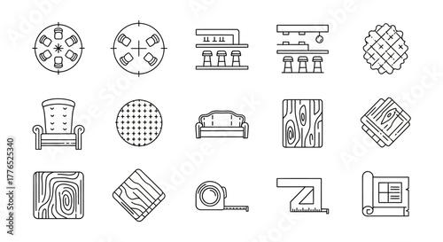 interior design elements icons showing furniture materials and plans used to illustrate home improvement renovation projects and architectural visualization