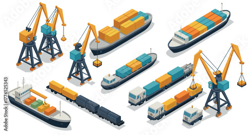 Isometric cargo port scene with cranes, ships, and train transport elements