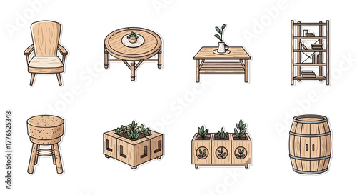 Home decor icons wooden furniture set for interiors including tables chairs planters and bookshelf for a cozy home environment and lifestyle design.