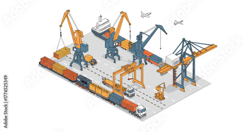 Isometric port scene with cargo cranes, containers, and vehicles