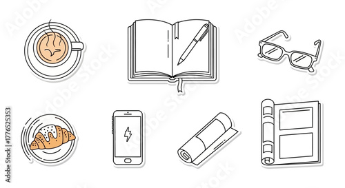 Coffee and croissant with book reading a relaxing morning routine with phone charging  glasses ideal for lifestyle and education blogs