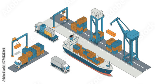 Isometric cargo terminal with containers and transportation vehicles in modern design