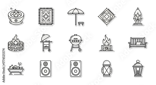 outdoor living icons backyard essentials for summer relaxation featuring bbq grills fire pits and speakers perfect for patio design and entertaining guests