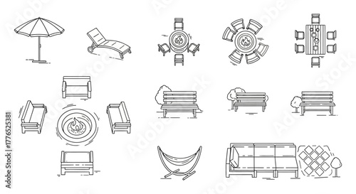 outdoor furniture line icons depicting patio sets for relaxation and entertainment showing garden design and backyard living perfect for landscaping plans.
