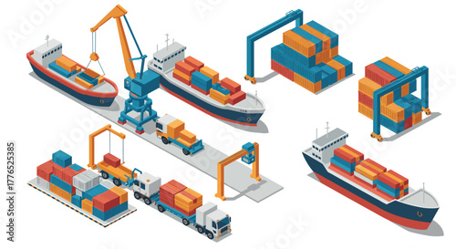 Isometric shipping and cargo logistics with containers and cranes
