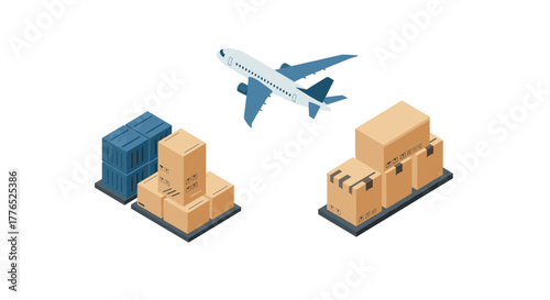 Isometric air cargo logistics with airplane and shipping boxes