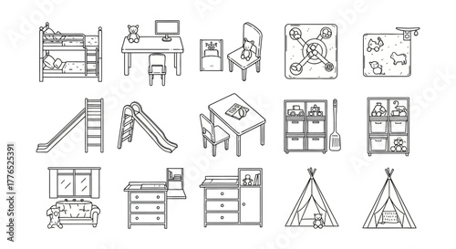 playroom line icons furniture and toys for kids room decor illustrating childhood memories and creative play space ideal for childrens design projects