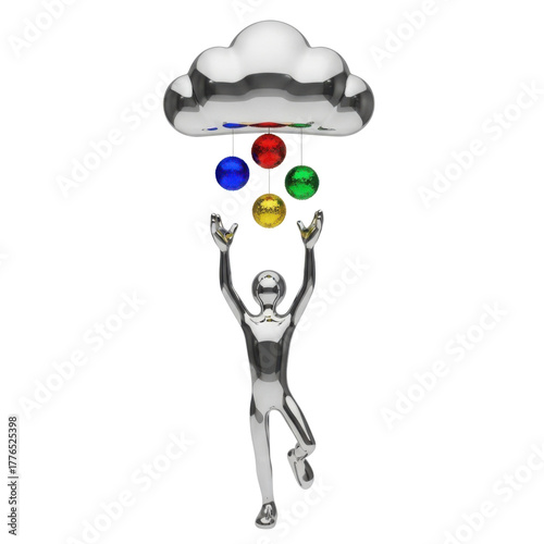 Figurine reaches for cloud with colorful spheres on a black background