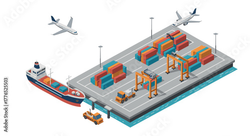 Isometric port with cargo ship and airplanes international trade and logistics hub