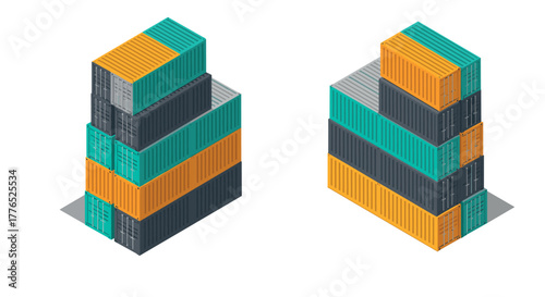 Stacked shipping containers in isometric view for logistics and transport design