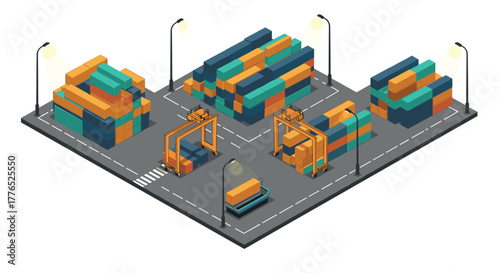 Isometric cargo terminal at night with stacked containers and cranes