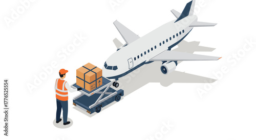 Airport cargo loading isometric design with worker and airplane on tarmac