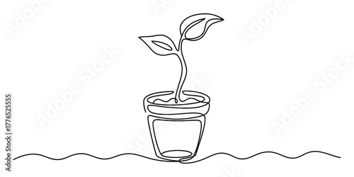 Simple continuous line drawing of a plant growing in a pot