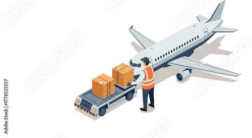 Isometric cargo loading onto airplane with worker and packages in airport scene