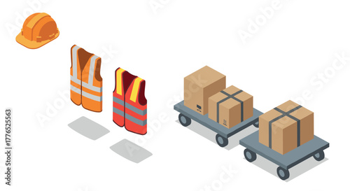 Isometric safety gear and cart with boxes for warehouse and industrial operations