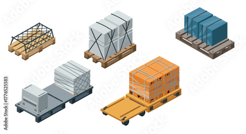 Isometric pallet collection featuring crates and boxes for logistics and shipping visuals