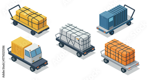 Isometric cargo trailers with containers in various colors and designs
