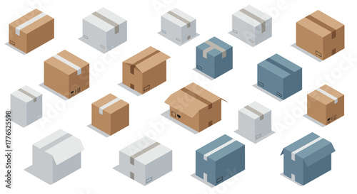 Isometric cardboard and parcel boxes set in various shapes and colors