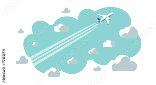 Airplane flying through cloudy sky with contrails in minimalist design