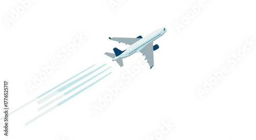 Isometric airplane flying with vapor trails on a clear sky background