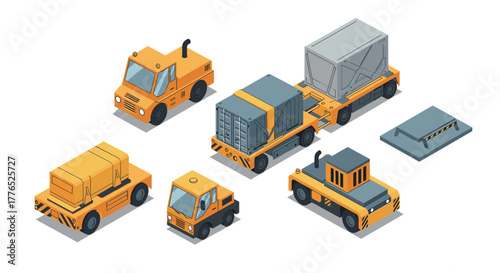 Isometric airport equipment set baggage tractors and cart illustrations
