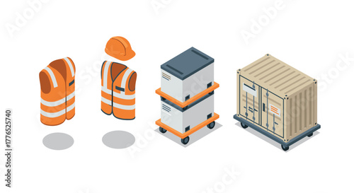 Isometric construction gear and equipment set on white background