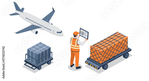 Isometric cargo and logistics scene with airplane and worker in safety vest
