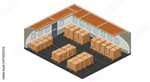 Isometric cargo hold design with boxes and pallets inside an airplane