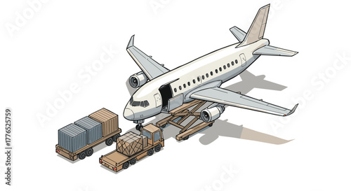 Isometric airplane cargo loading scene with containers and trucks on white background
