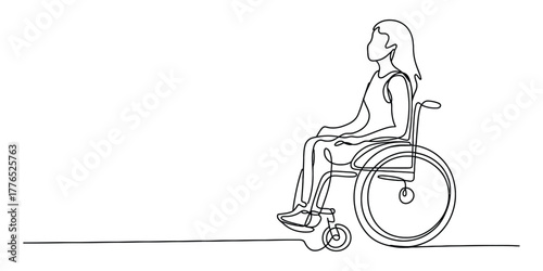 Simple continuous line drawing of a woman in wheelchair looking forward