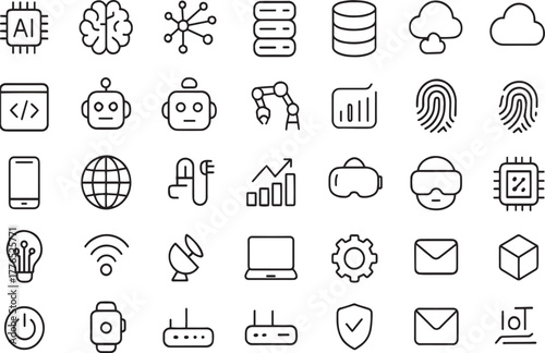 Technology, artificial intelligence, data, and internet icons Vector