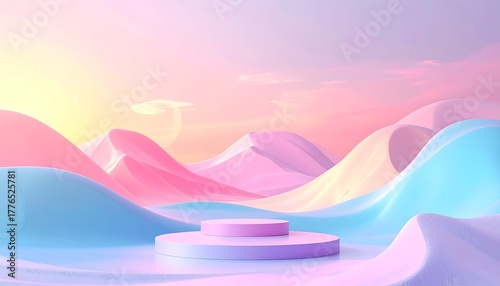 Pastel Dreamscape - Abstract 3D Rendering with Podium and Hills.