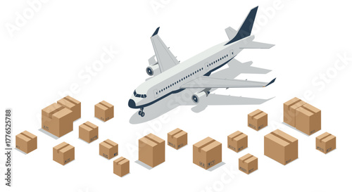 Cargo plane and boxes isometric design for modern air freight concept