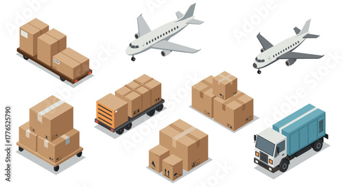 Isometric transport and logistics elements with airplane, truck, and cardboard boxes