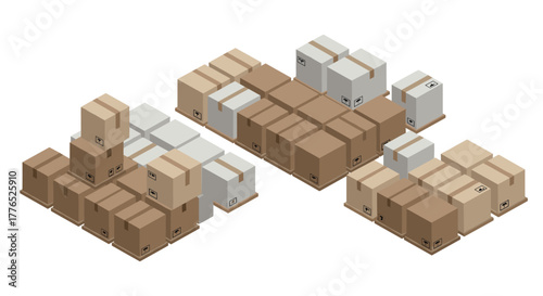 Isometric pallet arrangement with cardboard boxes for warehouse and logistics design