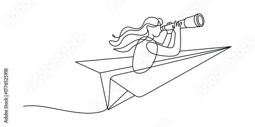 Simple continuous line drawing of a woman riding paper airplane with telescope
