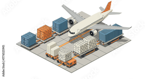 Isometric air cargo logistics with plane and freight containers on tarmac