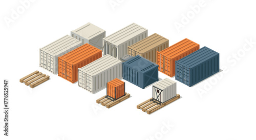 Colorful isometric cargo containers and pallets in warehouse setting