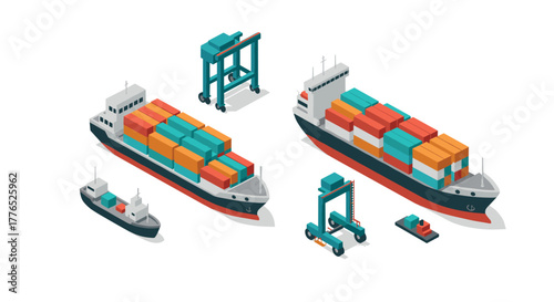 Isometric cargo ships with shipping containers and equipment in port